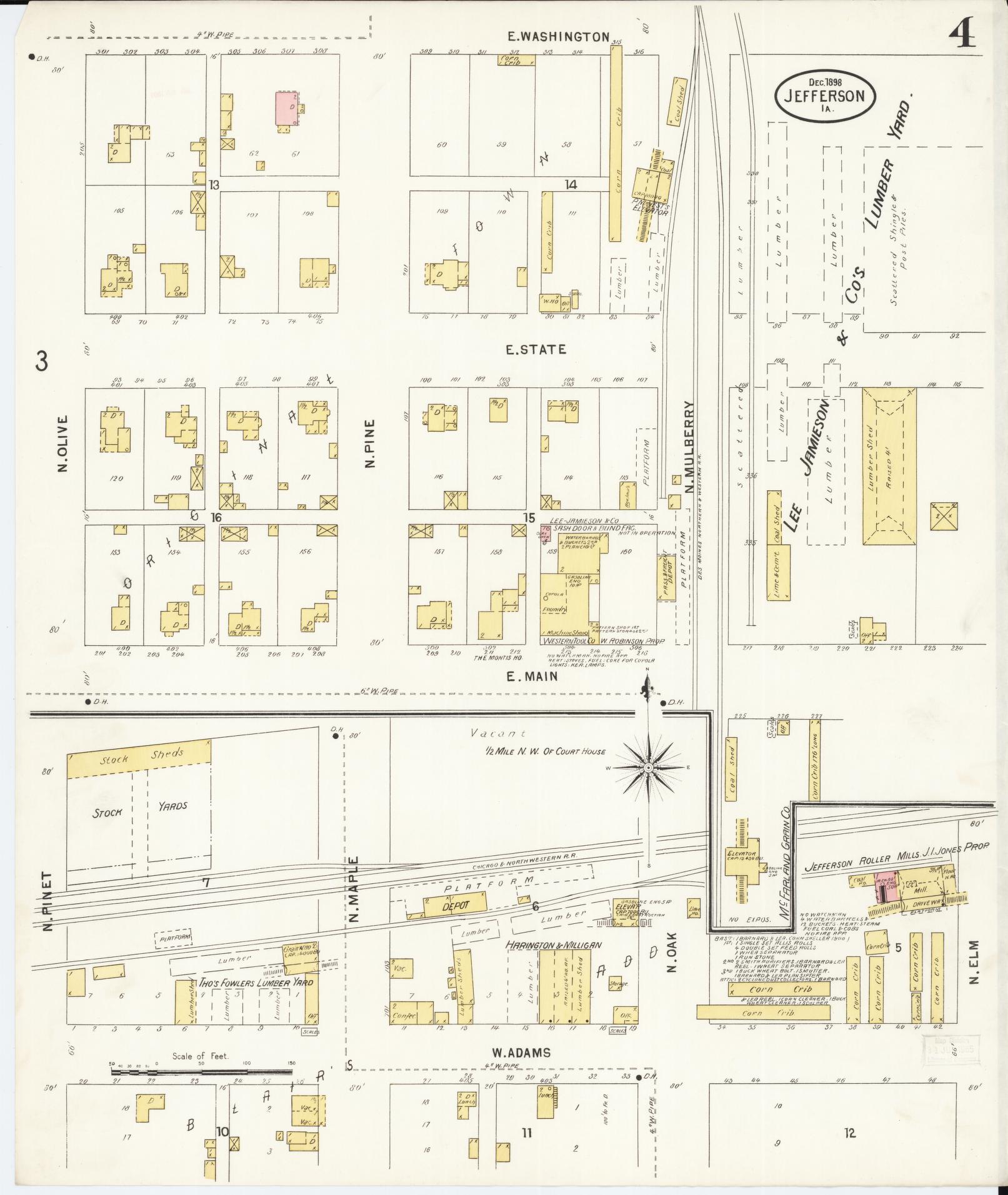 Sanborn Fire Insurance Map from Jefferson, Greene County, Iowa (1898), Sheet #0004 - Historic Sanborn Fire Insurance Map Print, vintage old map wall art