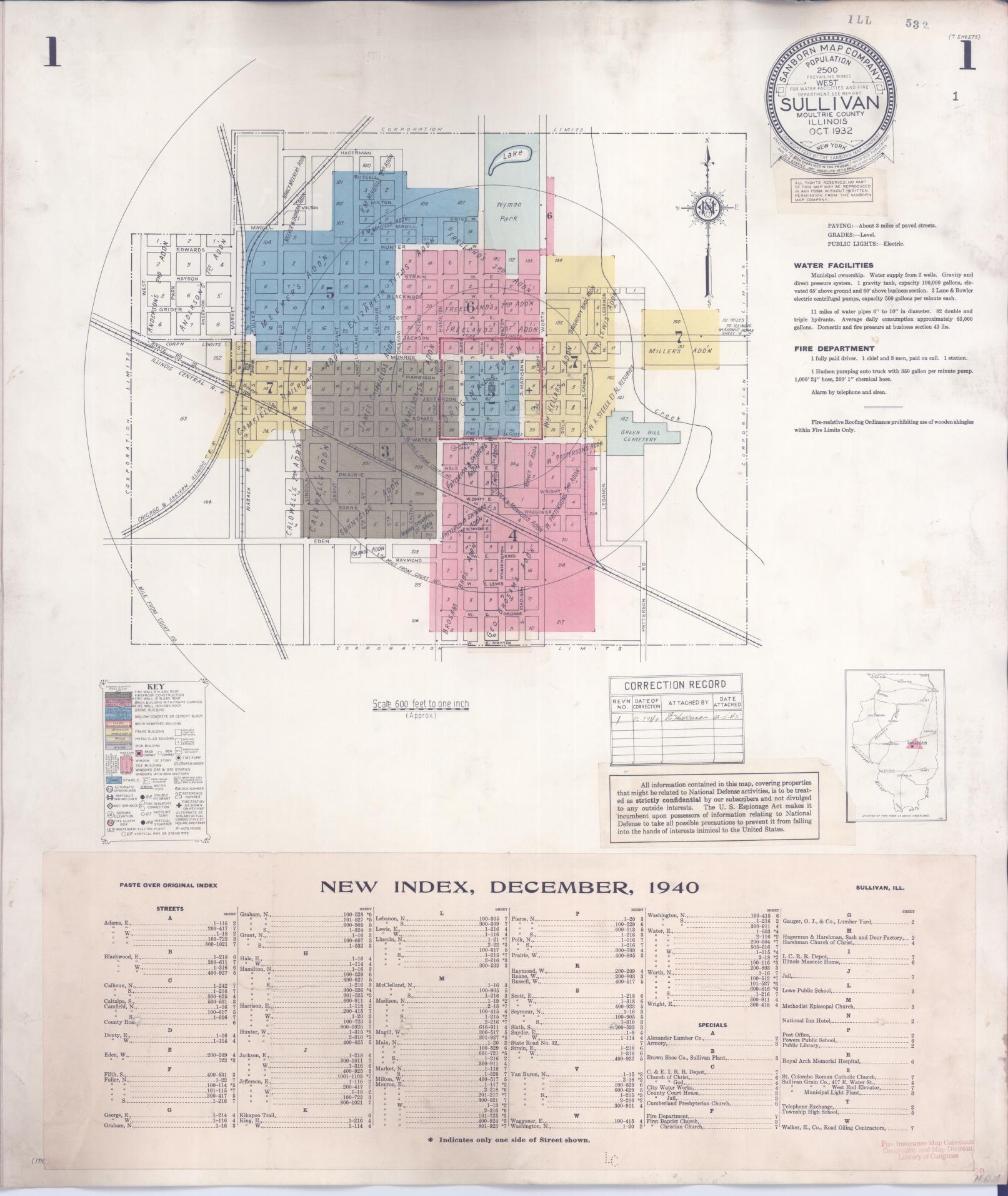 Sanborn Fire Insurance Map from Sullivan, Moultrie County, Illinois (1940), Sheet #0001 - Complete Map Set gallery image, historic Sanborn map, vintage wall art, Illinois Illinois