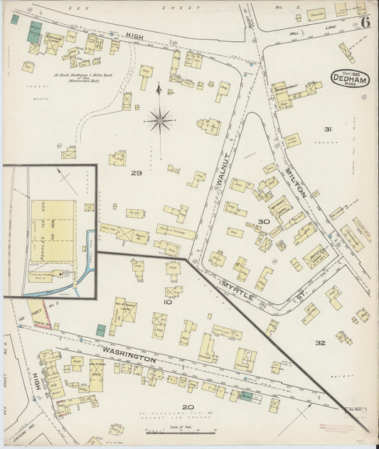 Sanborn Fire Insurance Map from Dedham, Norfolk County, Massachusetts (1885), Sheet #0006 - Historic Sanborn Fire Insurance Map Print, vintage old map wall art, antique decor, genealogy gift, Massachusetts Massachusetts map