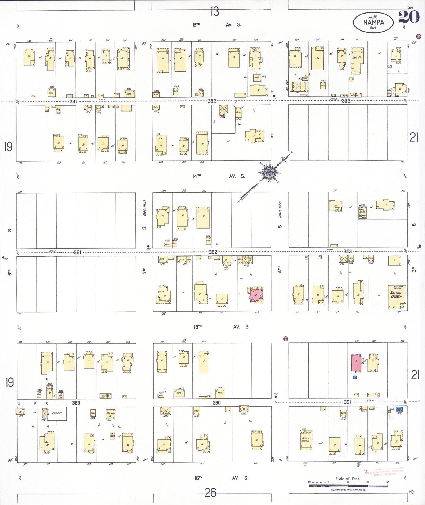 Sanborn Fire Insurance Map from Nampa, Canyon County, Idaho (1921), Sheet #0020 - Historic Sanborn Fire Insurance Map Print, vintage old map wall art, antique decor, genealogy gift, Idaho Idaho map