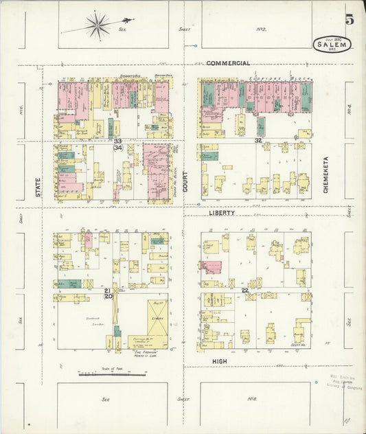 Sanborn Fire Insurance Map from Salem, Marion County, Oregon (1890), Sheet #0005 - Historic Sanborn Fire Insurance Map Print, vintage old map wall art, antique decor, genealogy gift, Oregon Oregon map