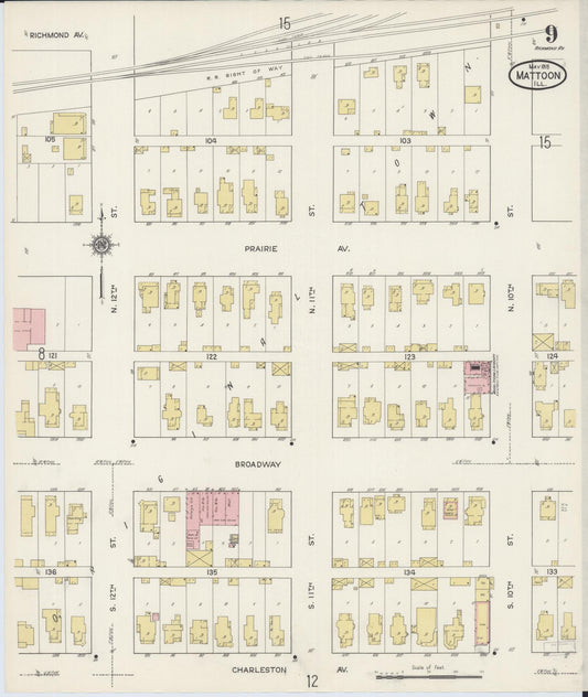 Sanborn Fire Insurance Map from Mattoon, Coles County, Illinois (1915), Sheet #0009 - Historic Sanborn Fire Insurance Map Print, vintage old map wall art, antique decor, genealogy gift, Illinois Illinois map