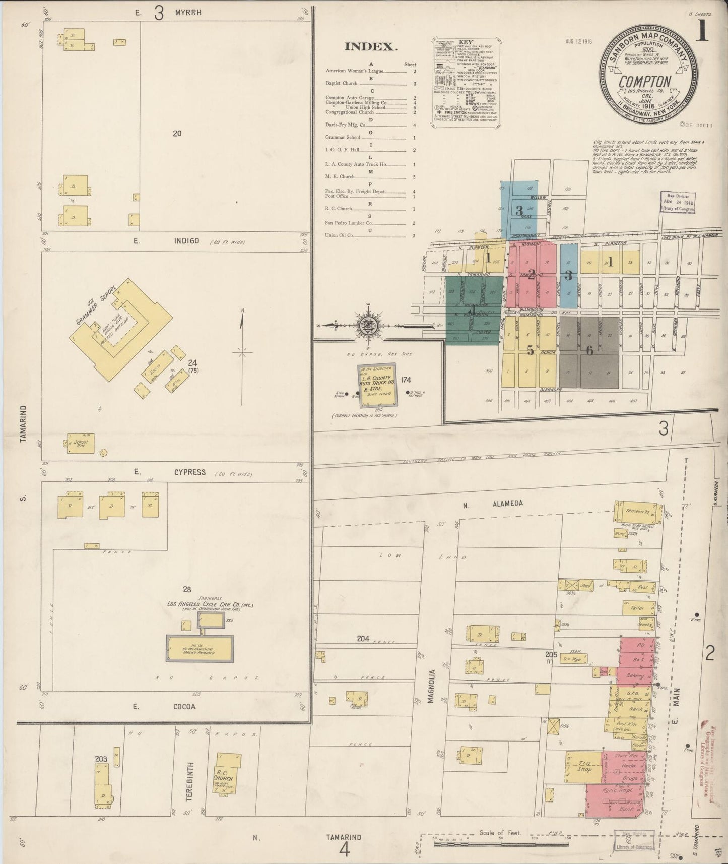 Sanborn Fire Insurance Map from Compton, Los Angeles County, California (1916), Sheet #0001 - Complete Map Set gallery image, historic Sanborn map, vintage wall art, California California