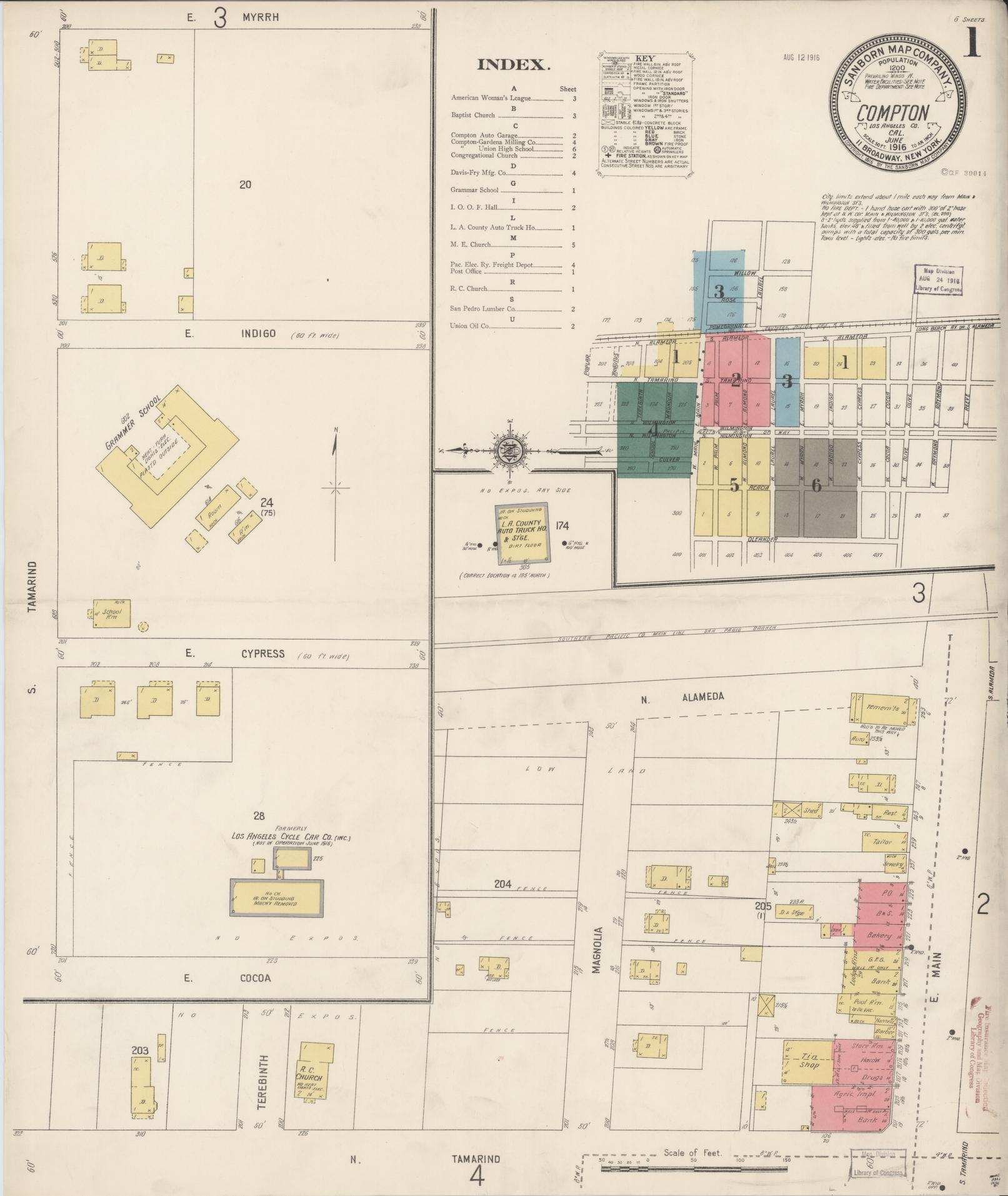 Sanborn Fire Insurance Map from Compton, Los Angeles County, California (1916), Sheet #0001 - Complete Map Set gallery image, historic Sanborn map, vintage wall art, California California