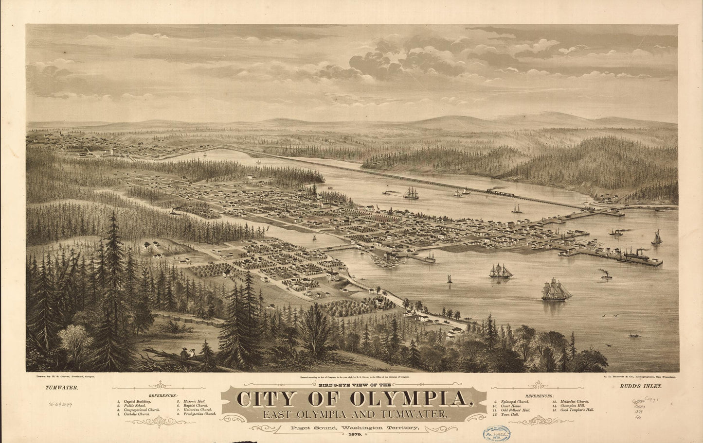 Bird's eye view of the city of Olympia, East Olympia and Tumwater, Puget Sound, Washington Territory, 1879. (1879) – Historic Bird’s-Eye View Panorama Print