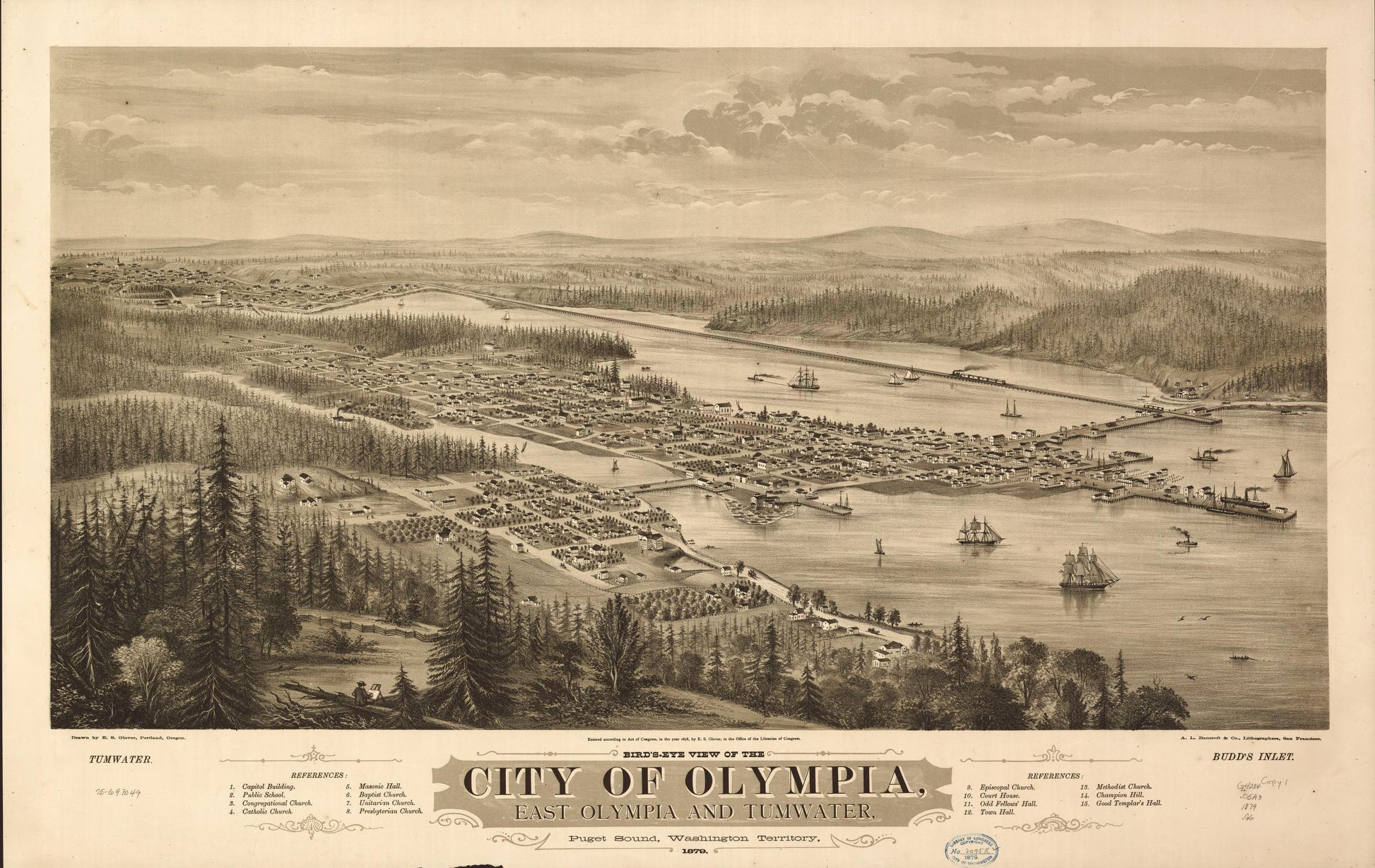 Bird's eye view of the city of Olympia, East Olympia and Tumwater, Puget Sound, Washington Territory, 1879. (1879) – Historic Bird’s-Eye View Panorama Print