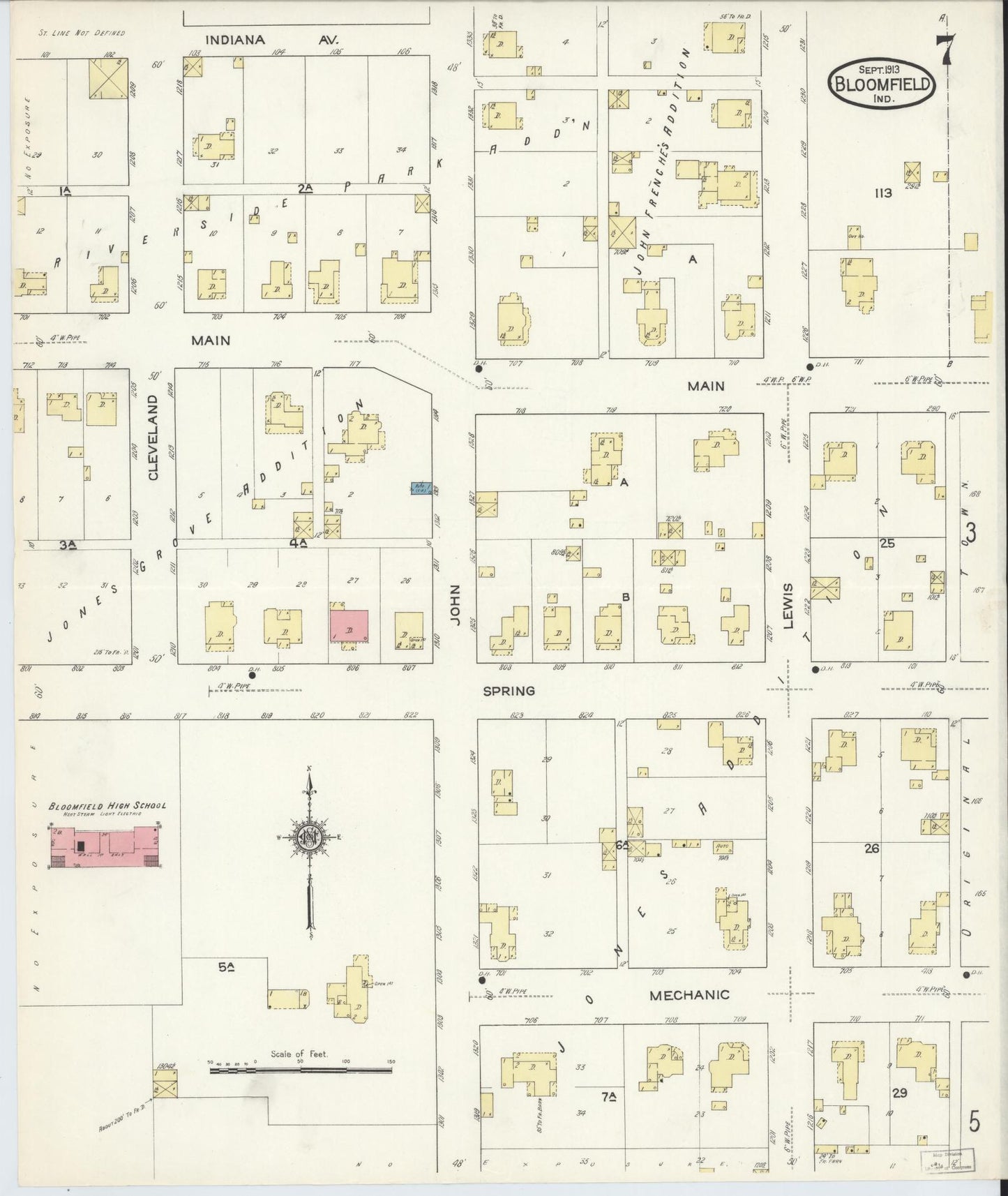 Sanborn Fire Insurance Map from Bloomfield, Greene County, Indiana (1913), Sheet #0007 - Complete Map Set gallery image, historic Sanborn map, vintage wall art, Indiana Indiana