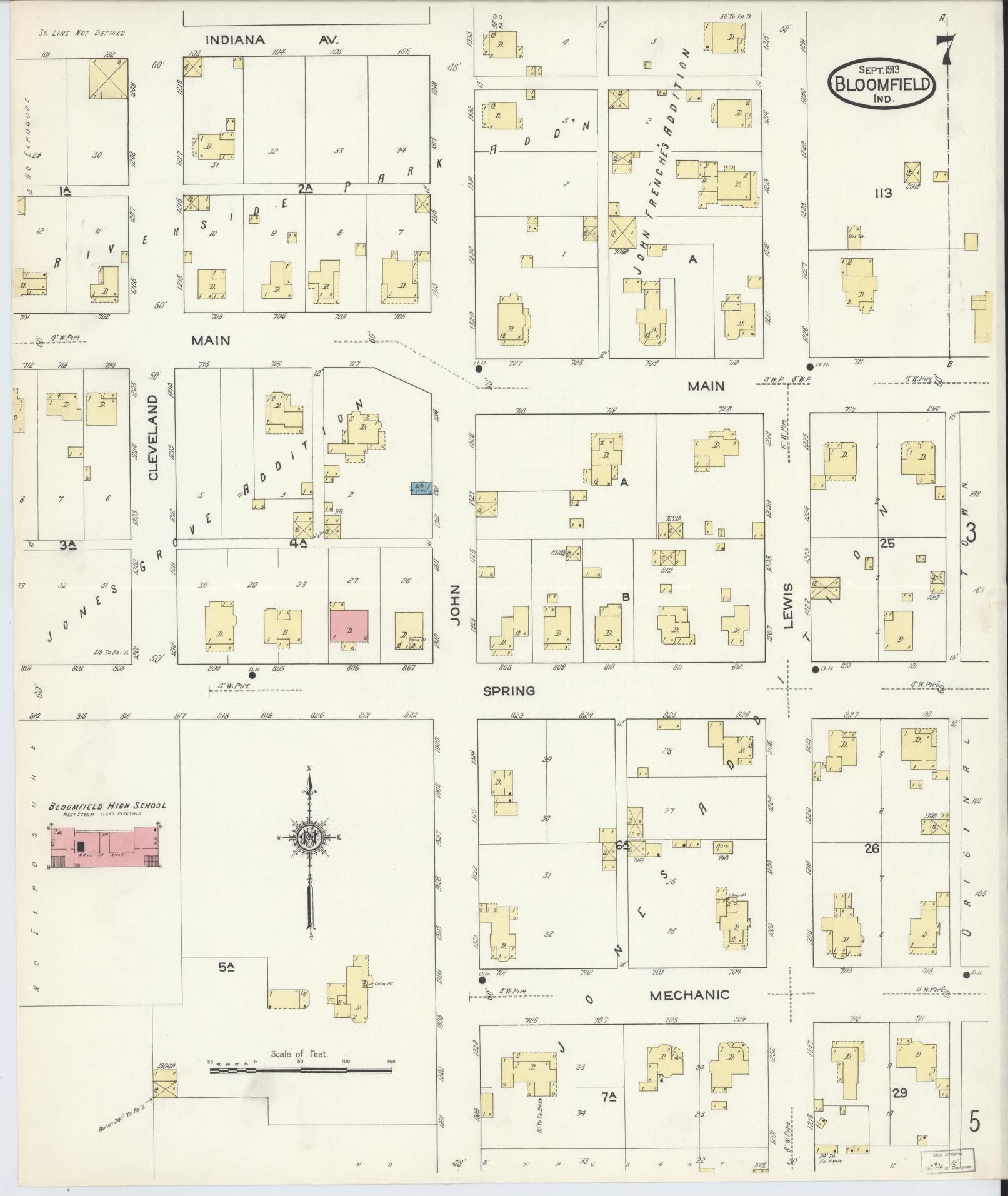 Sanborn Fire Insurance Map from Bloomfield, Greene County, Indiana (1913), Sheet #0007 - Complete Map Set gallery image, historic Sanborn map, vintage wall art, Indiana Indiana