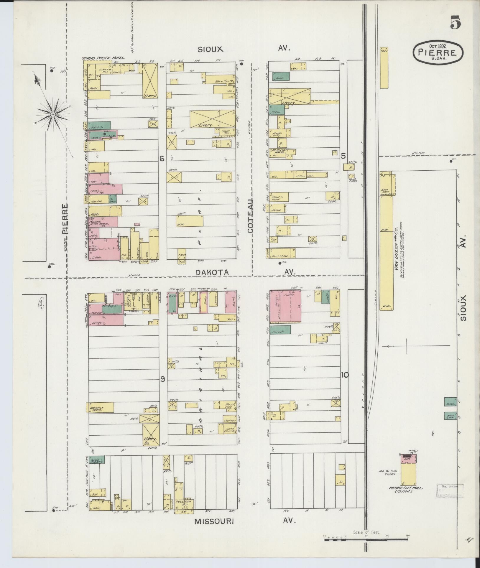 Sanborn Fire Insurance Map from Pierre, Hughes County, South Dakota (1892), Sheet #0005 - Historic Sanborn Fire Insurance Map Print, vintage old map wall art, antique decor, genealogy gift, South Dakota South Dakota map