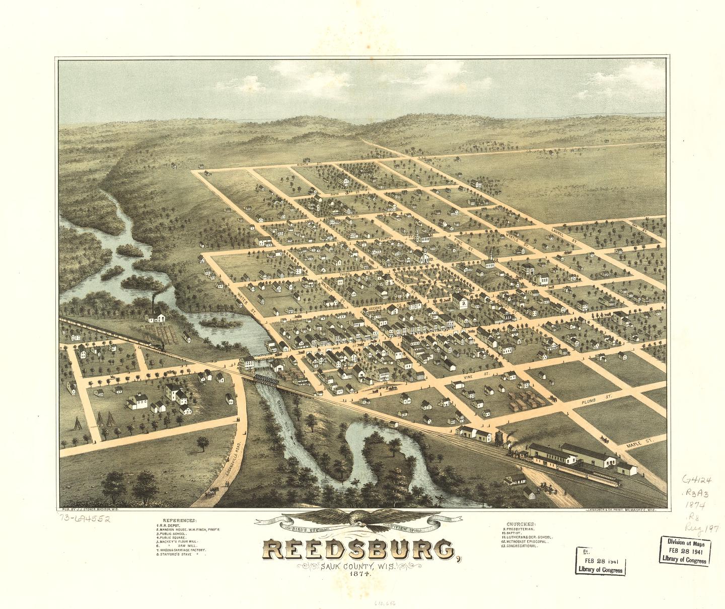 Bird's eye view of Reedsburg, Sauk County, Wis. 1874. (1874) – Historic Bird’s-Eye View Panorama Print