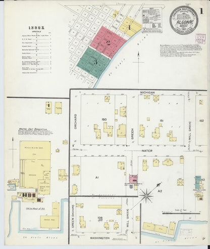 Sanborn Fire Insurance Map from Algonac, Saint Clair County, Michigan (1907), Sheet #0001 - Complete Map Set gallery image, historic Sanborn map, vintage wall art, Michigan Michigan