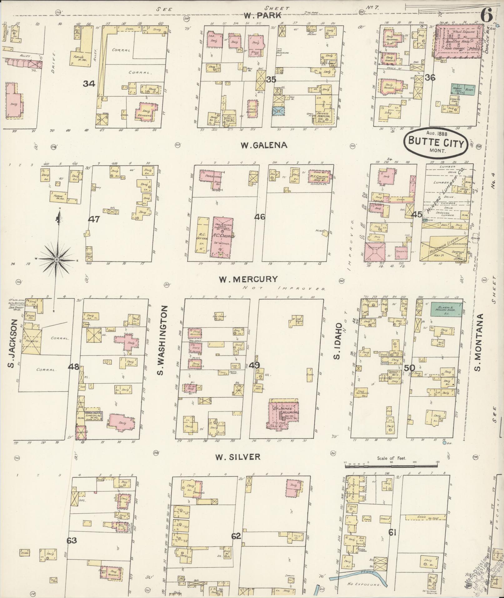 Sanborn Fire Insurance Map from Butte, Silver Bow County, Montana (1888), Sheet #0006 - Historic Sanborn Fire Insurance Map Print, vintage old map wall art, antique decor, genealogy gift, Montana Montana map