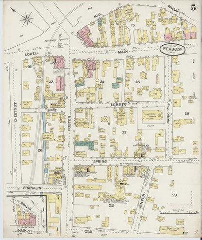 Sanborn Fire Insurance Map from Peabody, Essex County, Massachusetts (1887), Sheet #0005 - Historic Sanborn Fire Insurance Map Print, vintage old map wall art, antique decor, genealogy gift, Massachusetts Massachusetts map