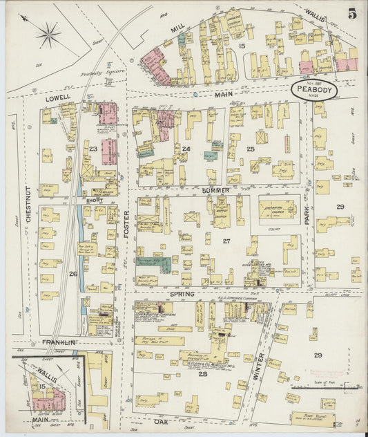Sanborn Fire Insurance Map from Peabody, Essex County, Massachusetts (1887), Sheet #0005 - Historic Sanborn Fire Insurance Map Print, vintage old map wall art, antique decor, genealogy gift, Massachusetts Massachusetts map