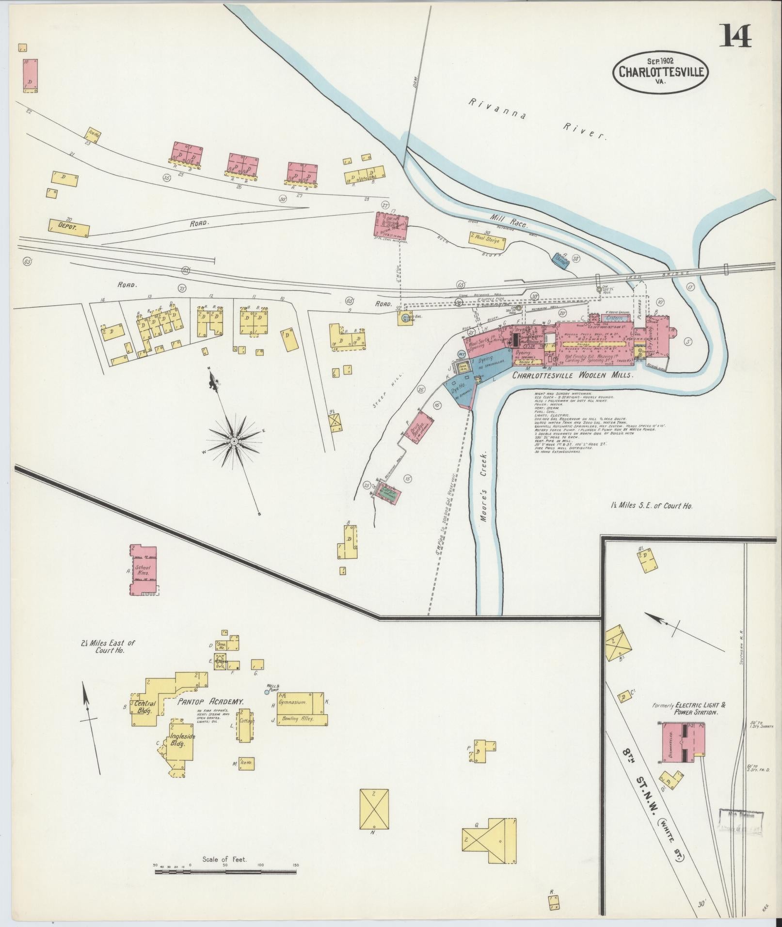 Sanborn Fire Insurance Map from Charlottesville, Independent Cities, Virginia (1902), Sheet #0014 - Historic Sanborn Fire Insurance Map Print, vintage old map wall art, antique decor, genealogy gift, Virginia Virginia map