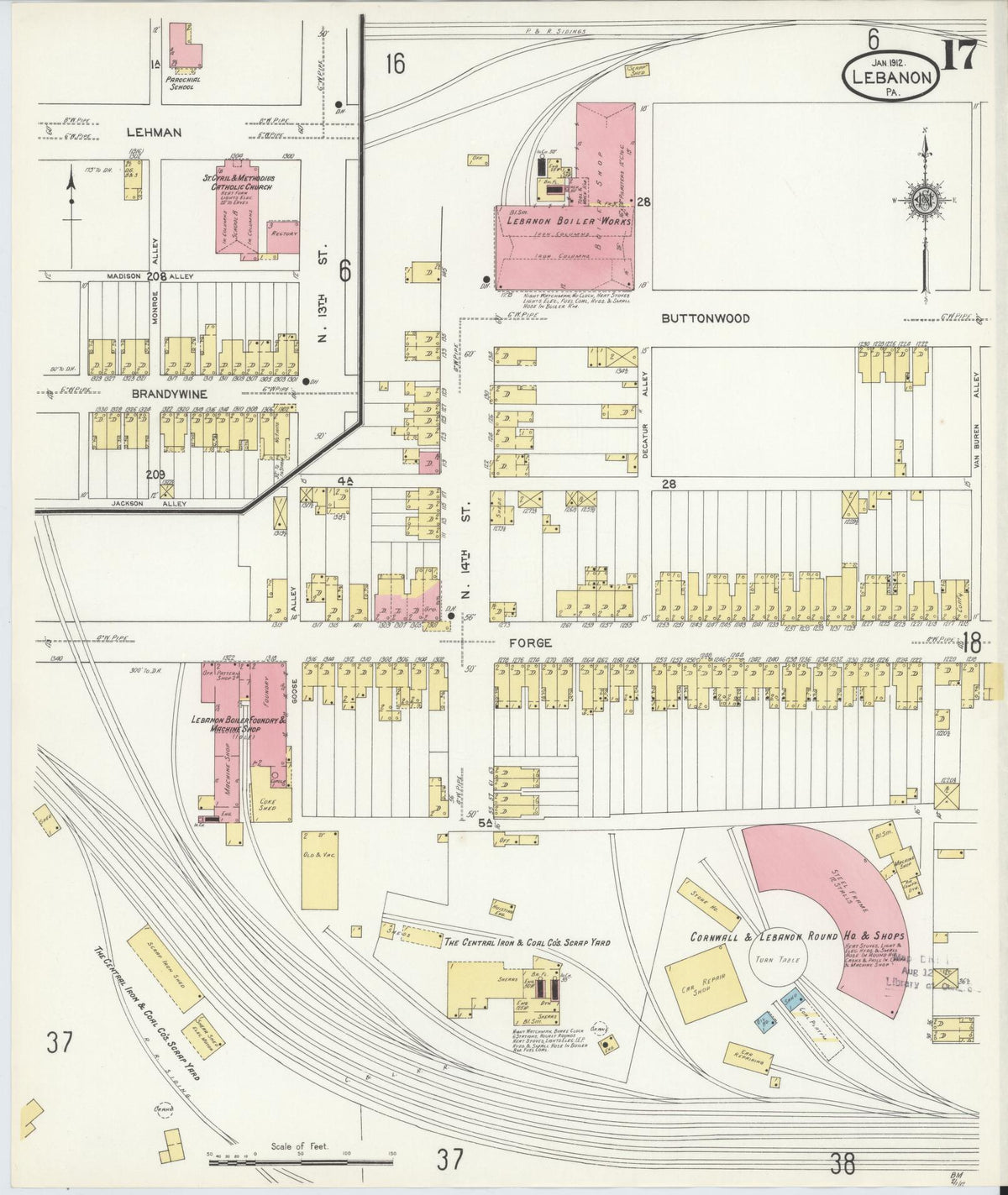 Sanborn Fire Insurance Map from Lebanon, Lebanon County, Pennsylvania (1912), Sheet #0017 - Historic Sanborn Fire Insurance Map Print, vintage old map wall art, antique decor, genealogy gift, Pennsylvania Pennsylvania map