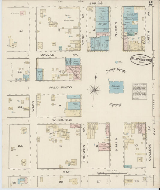 Sanborn Fire Insurance Map from Weatherford, Parker County, Texas (1885), Sheet #0002 - Historic Sanborn Fire Insurance Map Print, vintage old map wall art, antique decor, genealogy gift, Texas Texas map