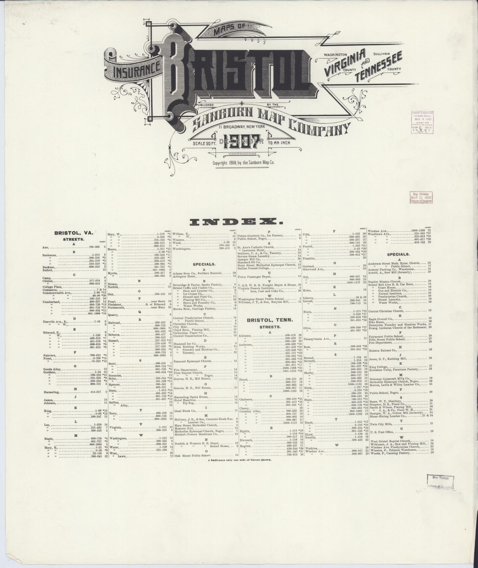 Sanborn Fire Insurance Map from Bristol, Sullivan County, Tennessee. (1907) – Historic Sanborn Fire Insurance Map Print