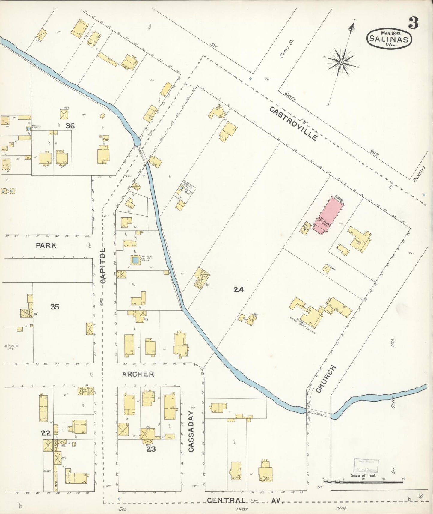 Sanborn Fire Insurance Map from Salinas, Monterey County, California (1892), Sheet #0003 - Complete Map Set gallery image, historic Sanborn map, vintage wall art, California California