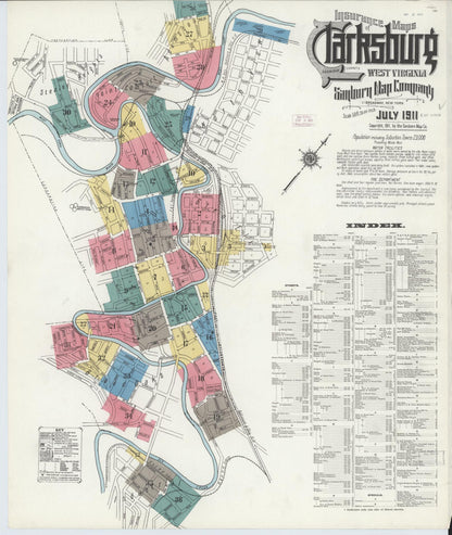 Sanborn Fire Insurance Map from Clarksburg, Harrison County, West Virginia (1911), Sheet #0001 - Complete Map Set gallery image, historic Sanborn map, vintage wall art, West Virginia West Virginia