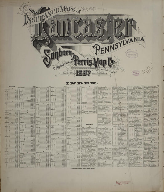 Sanborn Fire Insurance Map from Lancaster, Lancaster County, Pennsylvania (1897), Sheet #0001 - Historic Sanborn Fire Insurance Map Print, vintage old map wall art, antique decor, genealogy gift, Pennsylvania Pennsylvania map