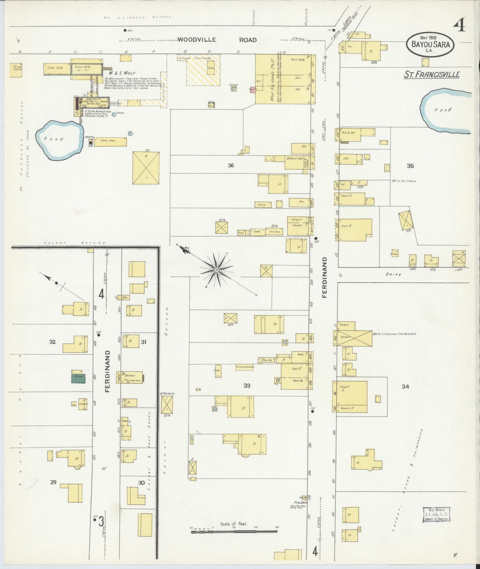 Sanborn Fire Insurance Map from Bayou Sara, West Feliciana Parish, Louisiana (1909), Sheet #0004 - Historic Sanborn Fire Insurance Map Print, vintage old map wall art, antique decor, genealogy gift, Louisiana Louisiana map