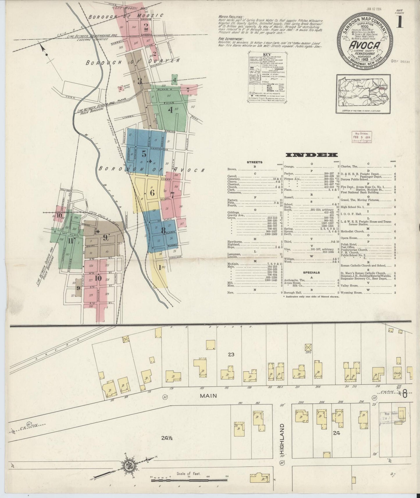 Sanborn Fire Insurance Map from Avoca, Luzerne County, Pennsylvania (1913), Sheet #0001 - Historic Sanborn Fire Insurance Map Print, vintage old map wall art, antique decor, genealogy gift, Pennsylvania Pennsylvania map