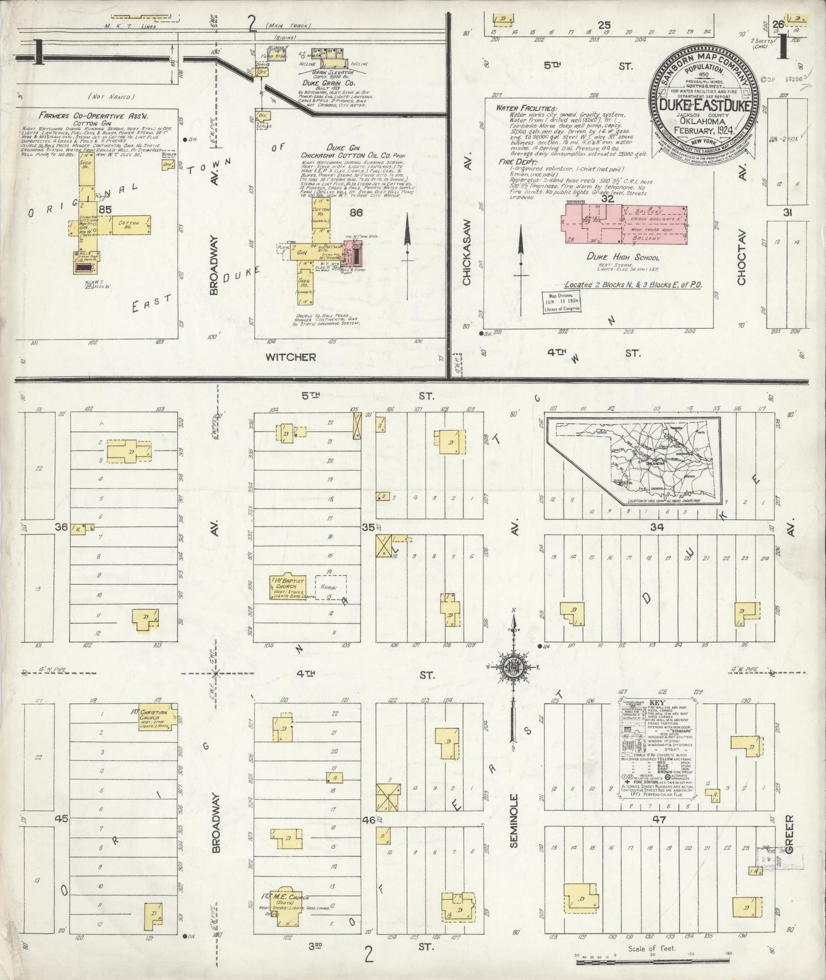 Sanborn Fire Insurance Map from Duke, Jackson County, Oklahoma (1924), Sheet #0001 - Complete Map Set gallery image, historic Sanborn map, vintage wall art, Oklahoma Oklahoma