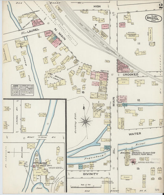 Sanborn Fire Insurance Map from Bristol, Hartford County, Connecticut (1884), Sheet #0002 - Historic Sanborn Fire Insurance Map Print, vintage old map wall art, antique decor, genealogy gift, Connecticut Connecticut map