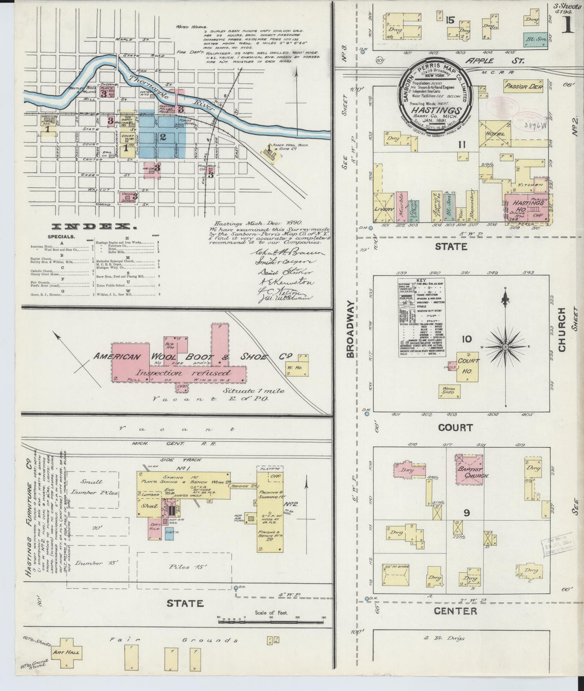 Sanborn Fire Insurance Map from Hastings, Barry County, Michigan (1891), Sheet #0001 - Historic Sanborn Fire Insurance Map Print, vintage old map wall art, antique decor, genealogy gift, Michigan Michigan map