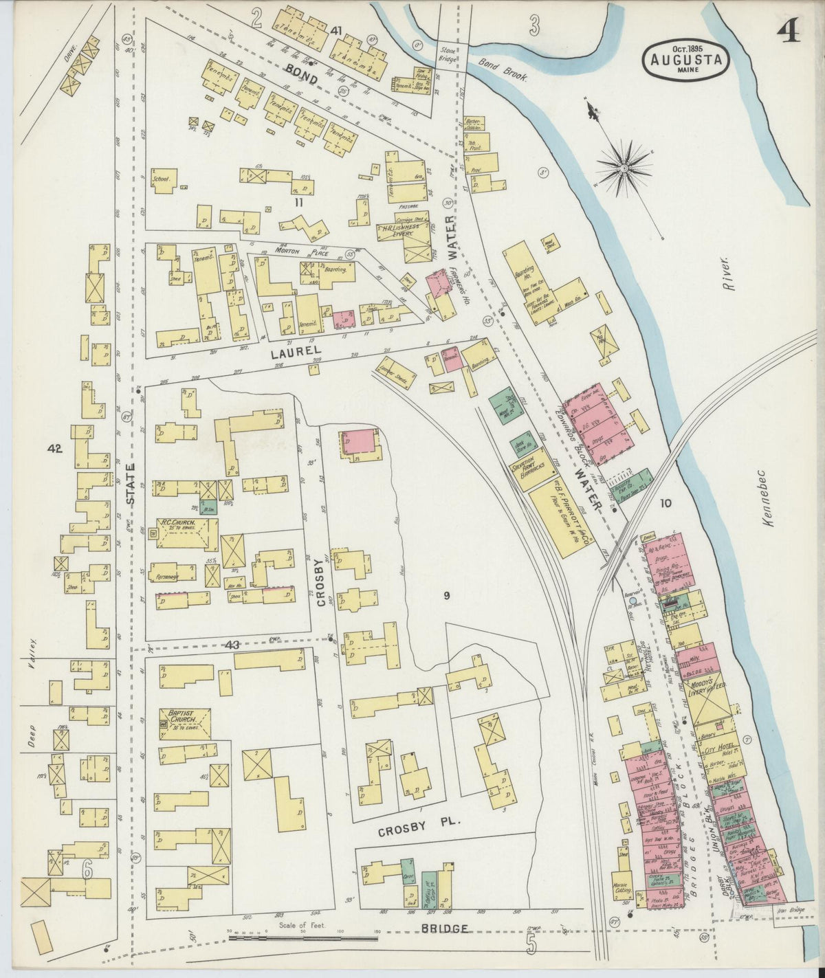 Sanborn Fire Insurance Map from Augusta, Kennebec County, Maine (1895), Sheet #0004 - Historic Sanborn Fire Insurance Map Print, vintage old map wall art, antique decor, genealogy gift, Maine Maine map