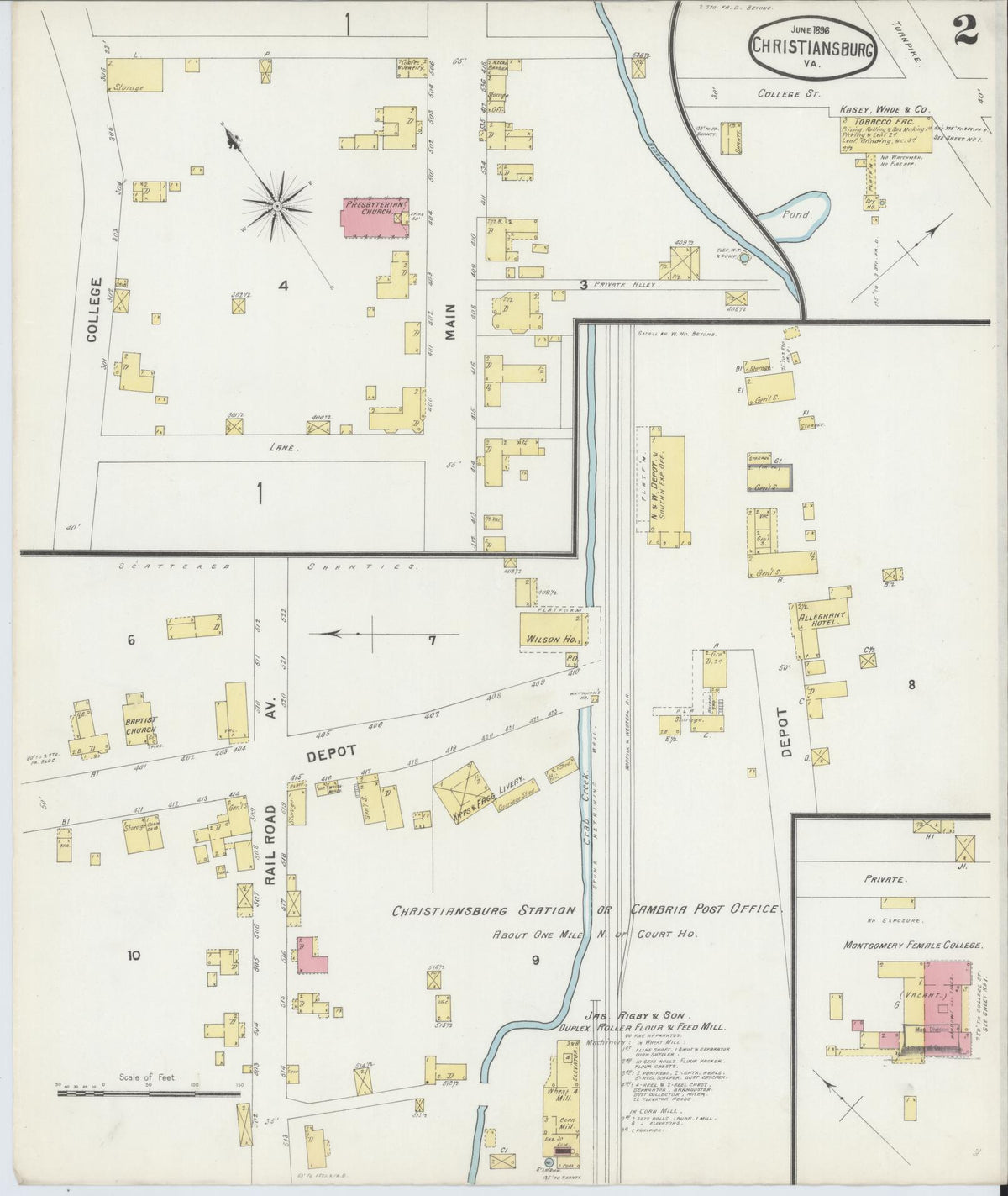 Sanborn Fire Insurance Map from Christiansburg, Montgomery County, Virginia (1896), Sheet #0002 - Complete Map Set gallery image, historic Sanborn map, vintage wall art, Virginia Virginia