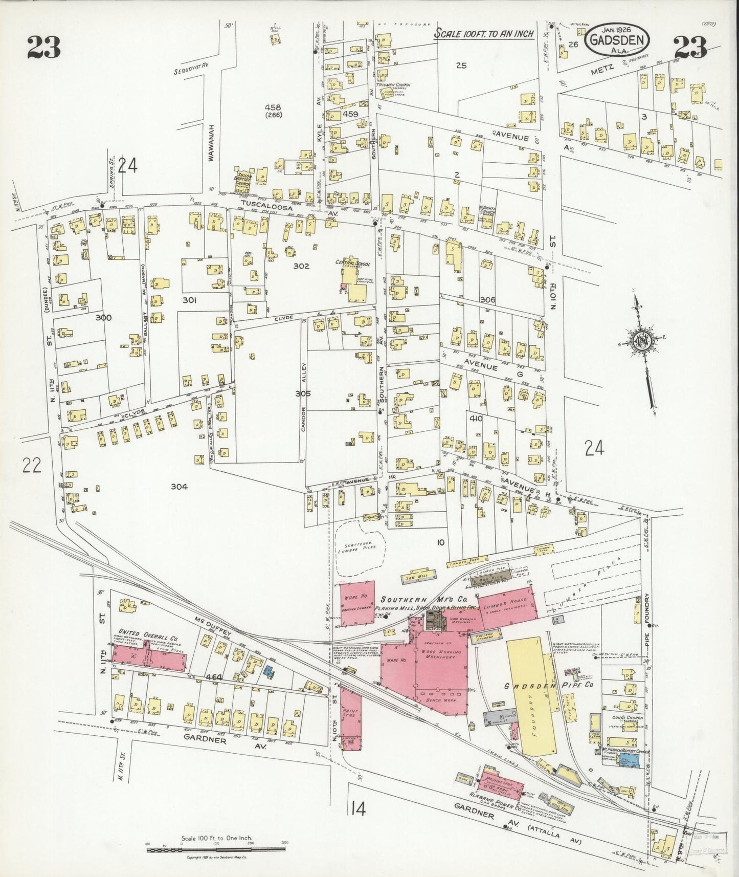 Sanborn Fire Insurance Map from Gadsden, Etowah County, Alabama (1926), Sheet #0023 - Complete Map Set gallery image, historic Sanborn map, vintage wall art, Alabama Alabama