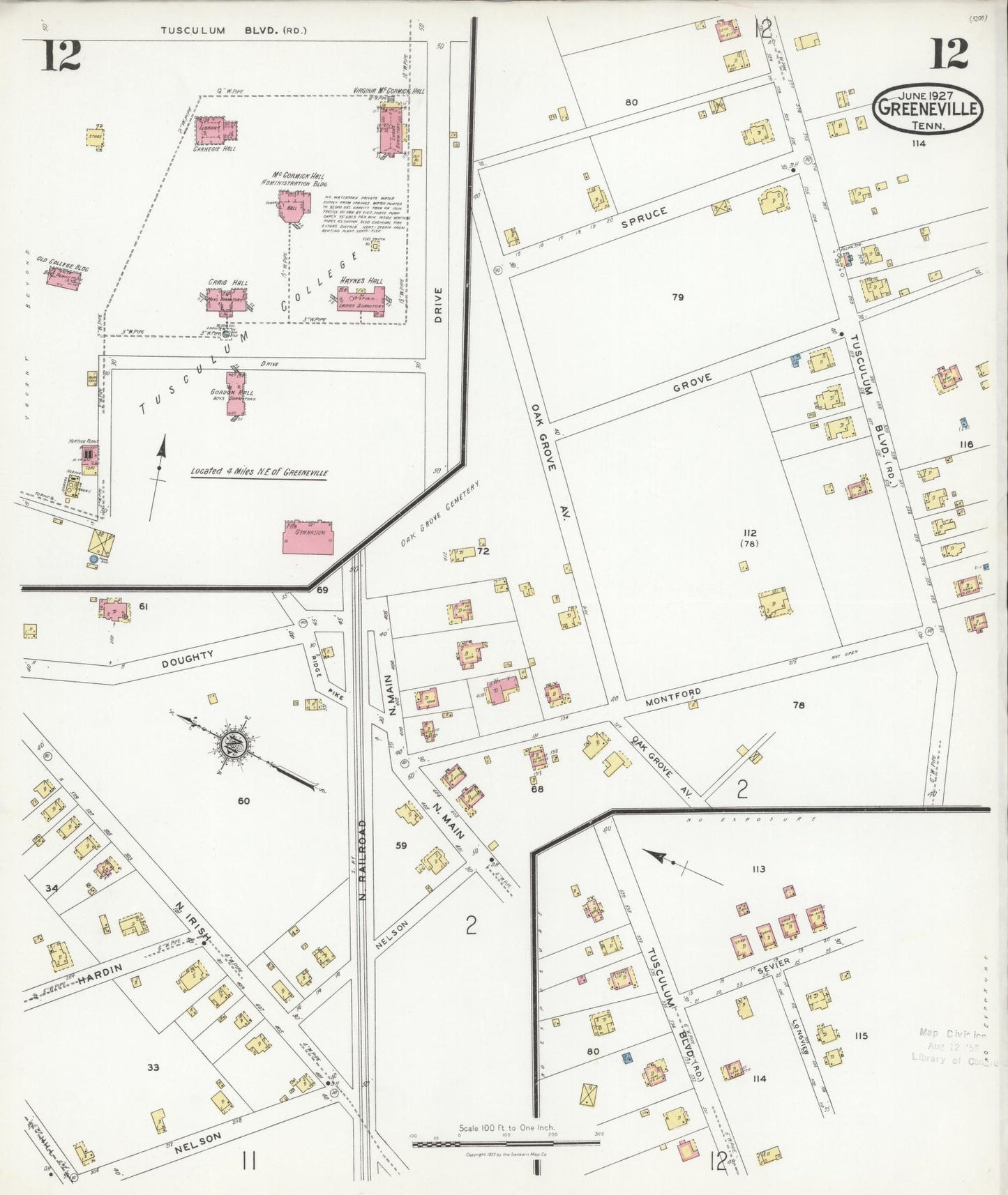 Sanborn Fire Insurance Map from Greeneville, Greene County, Tennessee (1927), Sheet #0012 - Complete Map Set gallery image, historic Sanborn map, vintage wall art, Tennessee Tennessee