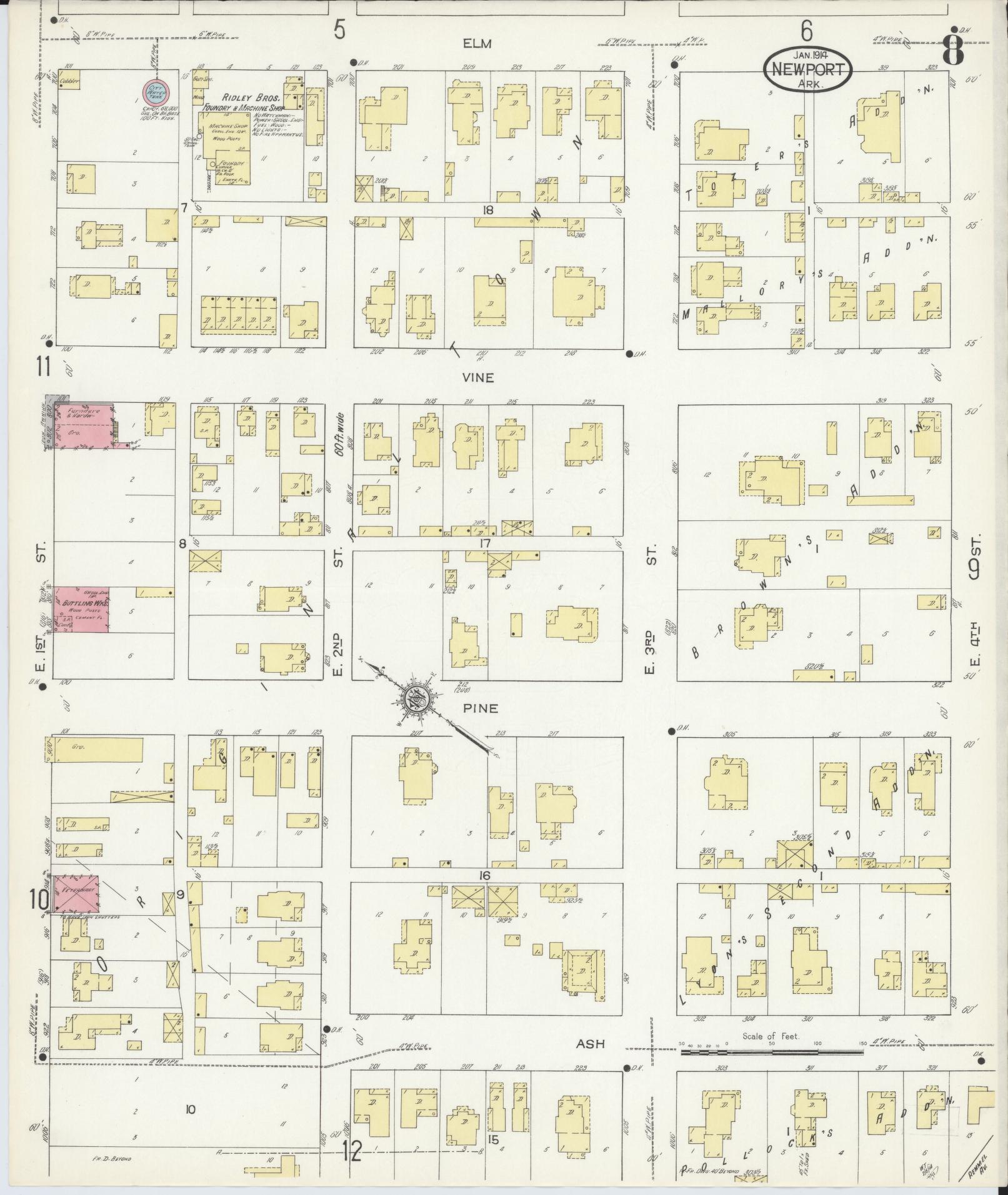 Sanborn Fire Insurance Map from Newport, Jackson County, Arkansas (1914), Sheet #0008 - Historic Sanborn Fire Insurance Map Print, vintage old map wall art, antique decor, genealogy gift, Arkansas Arkansas map