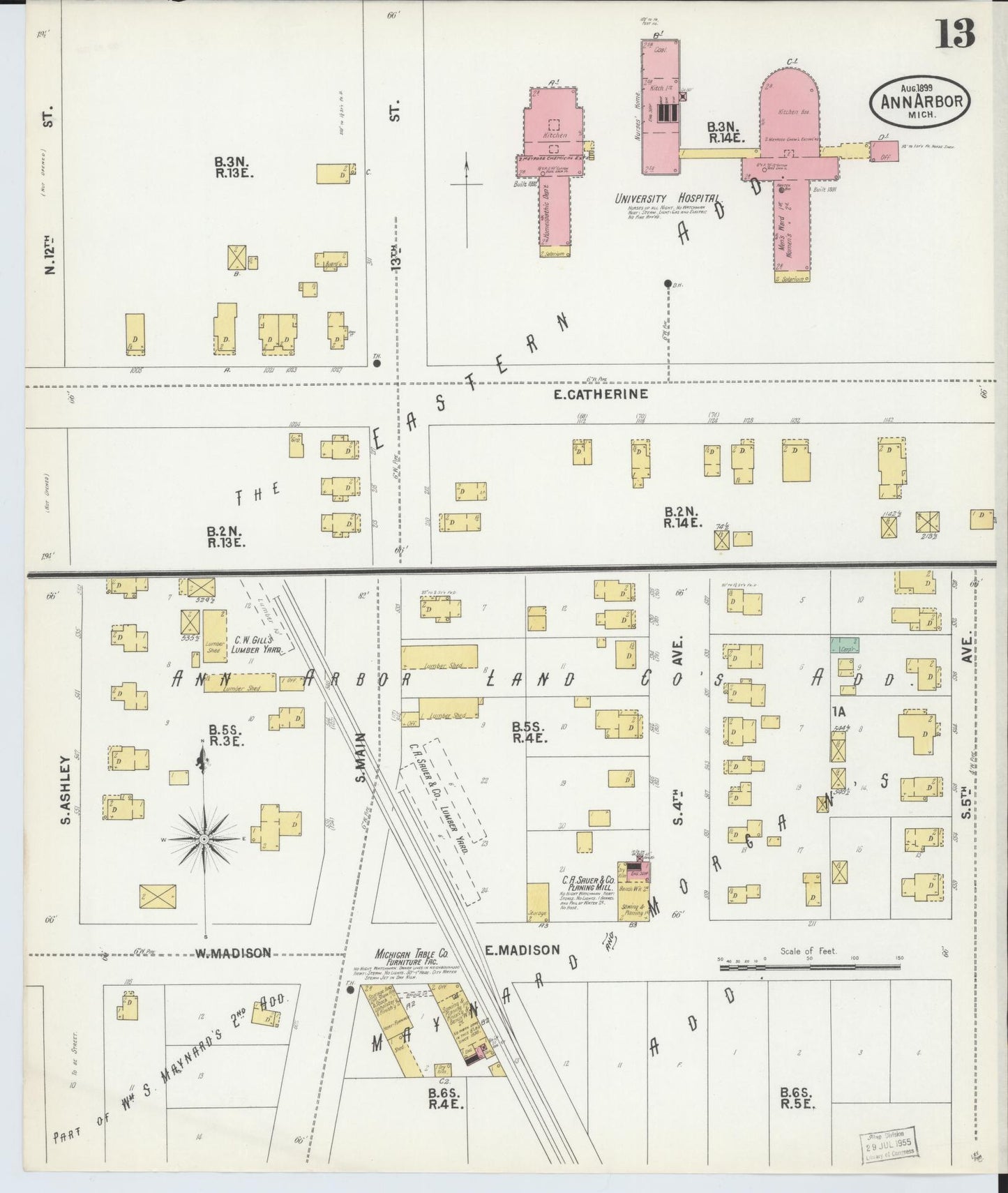 Sanborn Fire Insurance Map from Ann Arbor, Washtenaw County, Michigan (1899), Sheet #0013 - Complete Map Set gallery image, historic Sanborn map, vintage wall art, Michigan Michigan