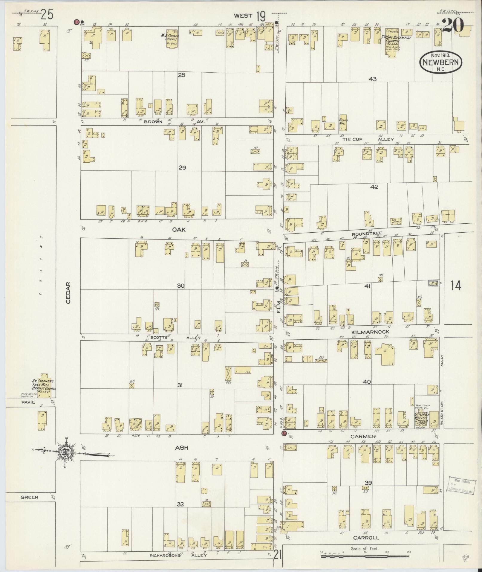 Sanborn Fire Insurance Map from New Bern, Craven County, North Carolina (1913), Sheet #0020 - Historic Sanborn Fire Insurance Map Print, vintage old map wall art, antique decor, genealogy gift, North Carolina North Carolina map