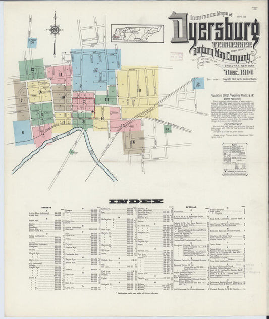Sanborn Fire Insurance Map from Dyersburg, Dyer County, Tennessee (1914), Sheet #0001 - Historic Sanborn Fire Insurance Map Print, vintage old map wall art, antique decor, genealogy gift, Tennessee Tennessee map