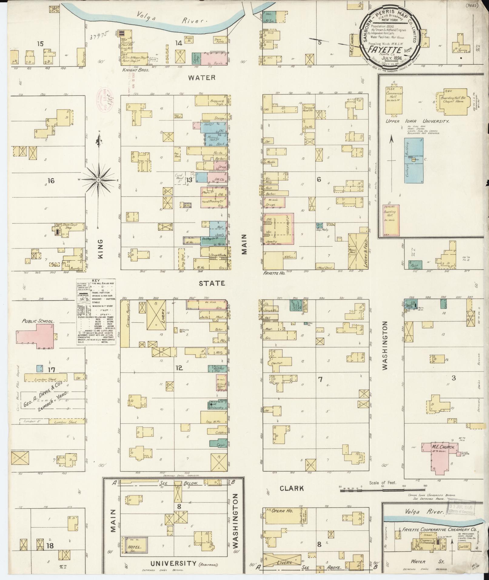 Sanborn Fire Insurance Map from Fayette, Fayette County, Iowa (1894), Sheet #0001 - Historic Sanborn Fire Insurance Map Print, vintage old map wall art