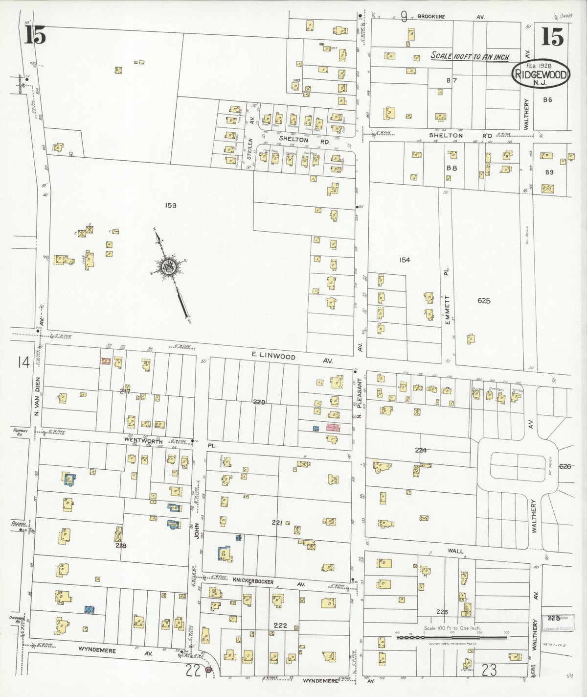 Sanborn Fire Insurance Map from Ridgewood, Bergen County, New Jersey (1928), Sheet #0015 - Historic Sanborn Fire Insurance Map Print, vintage old map wall art, antique decor, genealogy gift, New Jersey New Jersey map