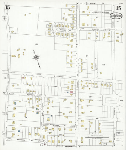 Sanborn Fire Insurance Map from Ridgewood, Bergen County, New Jersey (1928), Sheet #0015 - Historic Sanborn Fire Insurance Map Print, vintage old map wall art, antique decor, genealogy gift, New Jersey New Jersey map