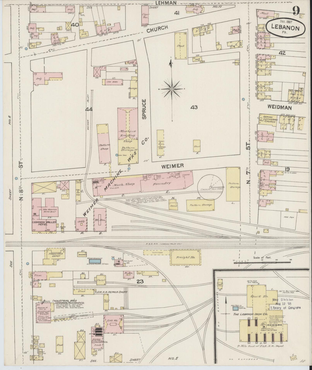 Sanborn Fire Insurance Map from Lebanon, Lebanon County, Pennsylvania (1887), Sheet #0009 - Historic Sanborn Fire Insurance Map Print, vintage old map wall art, antique decor, genealogy gift, Pennsylvania Pennsylvania map