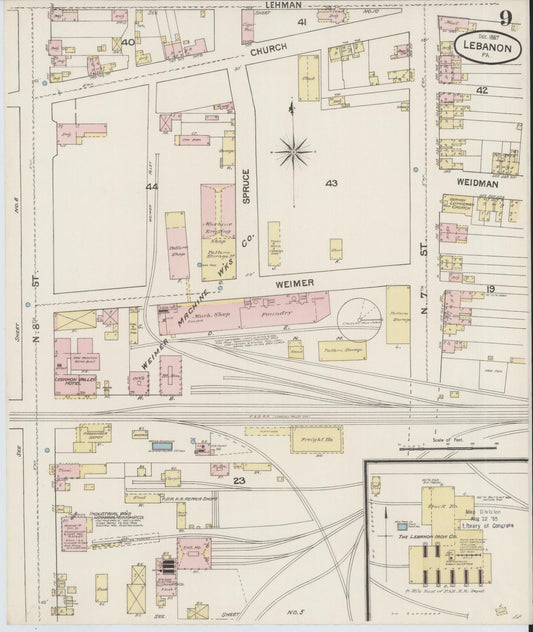 Sanborn Fire Insurance Map from Lebanon, Lebanon County, Pennsylvania (1887), Sheet #0009 - Historic Sanborn Fire Insurance Map Print, vintage old map wall art, antique decor, genealogy gift, Pennsylvania Pennsylvania map