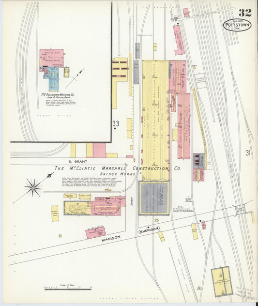 Sanborn Fire Insurance Map from Pottstown, Montgomery County, Pennsylvania (1909), Sheet #0032 - Historic Sanborn Fire Insurance Map Print, vintage old map wall art, antique decor, genealogy gift, Pennsylvania Pennsylvania map