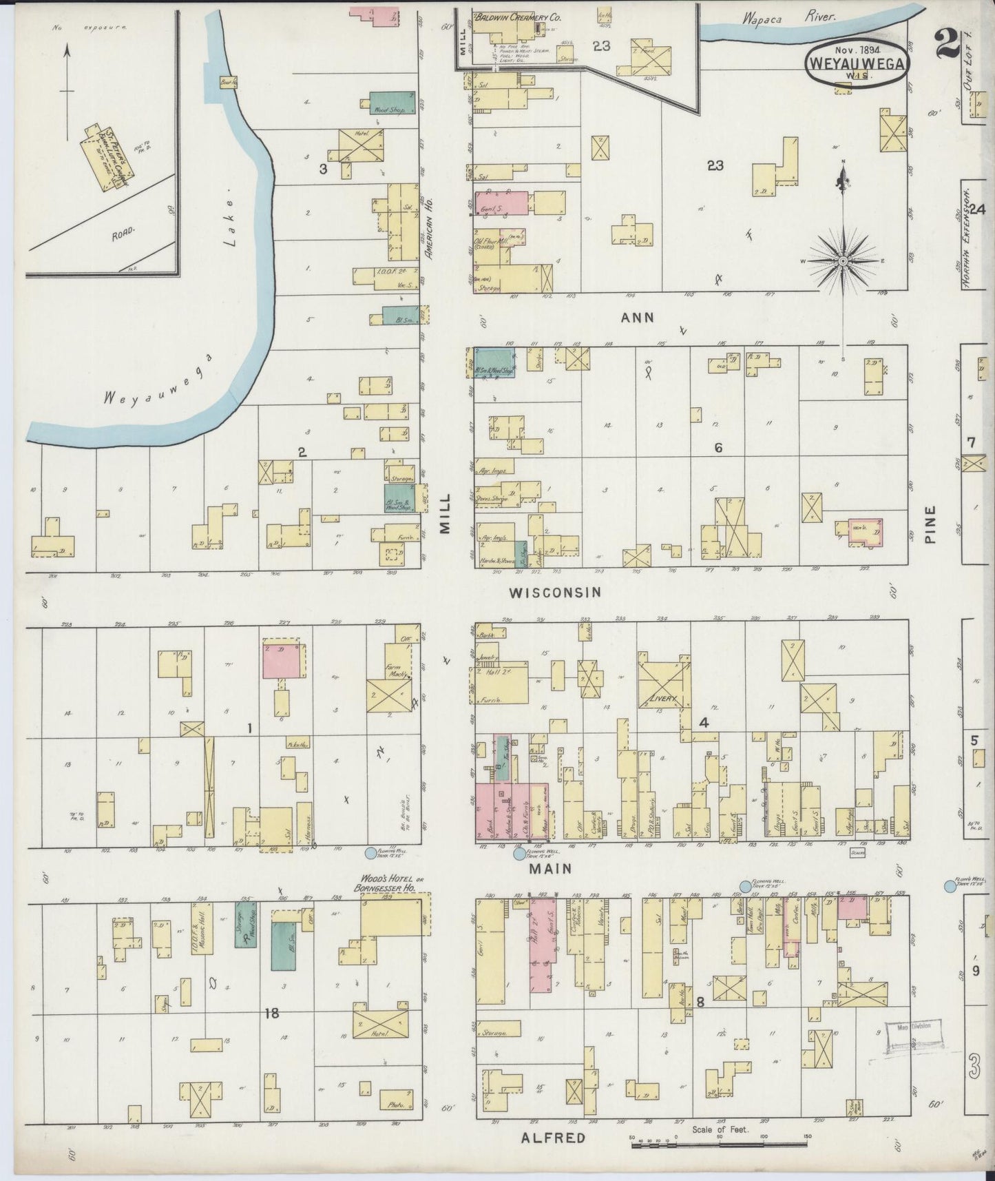 Sanborn Fire Insurance Map from Weyauwega, Waupaca County, Wisconsin (1894), Sheet #0002 - Historic Sanborn Fire Insurance Map Print, vintage old map wall art, antique decor, genealogy gift, Wisconsin Wisconsin map