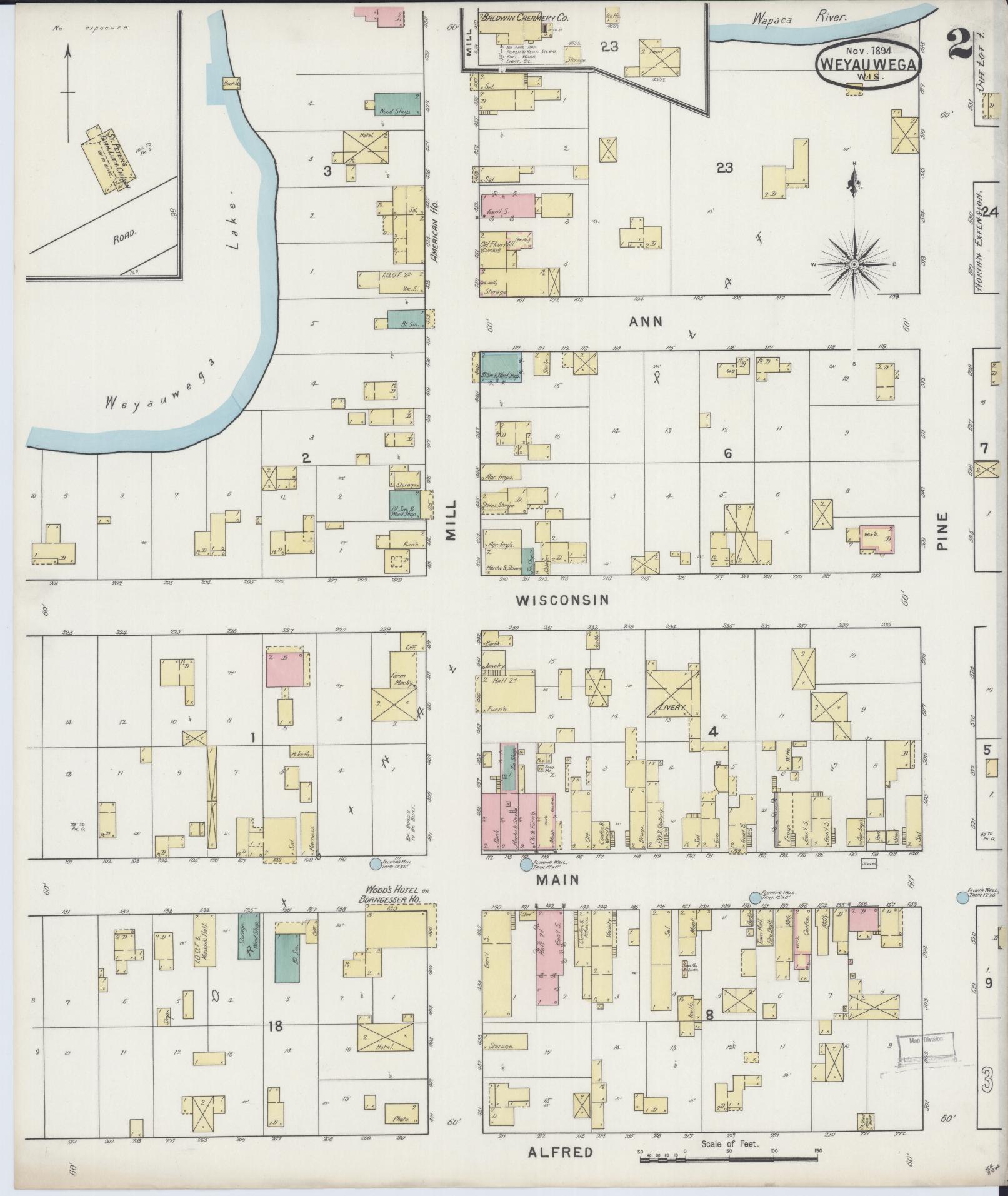 Sanborn Fire Insurance Map from Weyauwega, Waupaca County, Wisconsin (1894), Sheet #0002 - Historic Sanborn Fire Insurance Map Print, vintage old map wall art, antique decor, genealogy gift, Wisconsin Wisconsin map