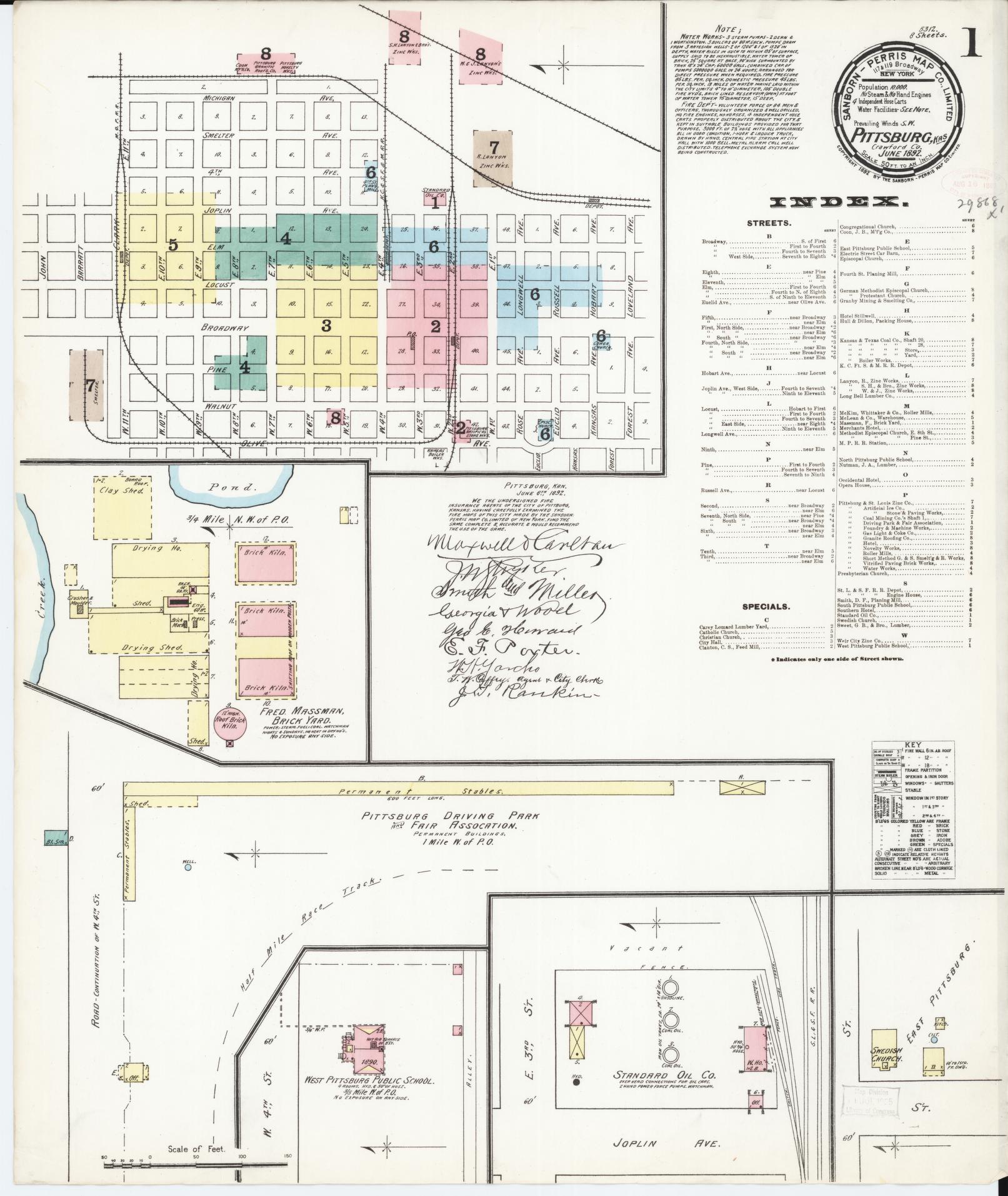 Sanborn Fire Insurance Map from Pittsburg, Crawford County, Kansas (1892), Sheet #0001 - Historic Sanborn Fire Insurance Map Print, vintage old map wall art, antique decor, genealogy gift, Kansas Kansas map