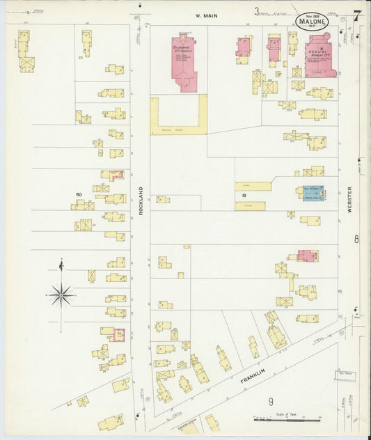 Sanborn Fire Insurance Map from Malone, Franklin County, New York (1908), Sheet #0007 - Historic Sanborn Fire Insurance Map Print, vintage old map wall art, antique decor, genealogy gift, New York New York map