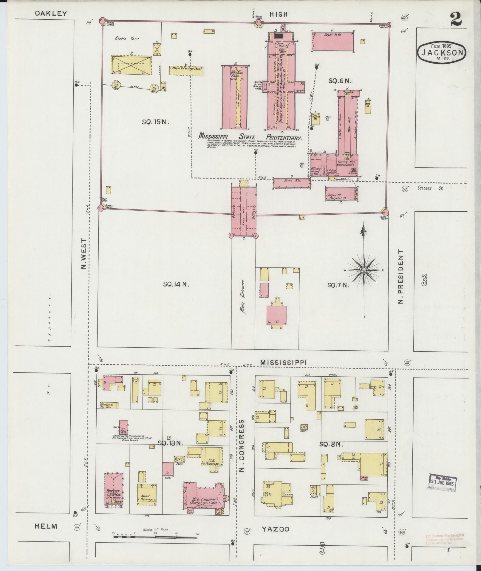Sanborn Fire Insurance Map from Jackson, Hinds County, Mississippi (1895), Sheet #0002 - Historic Sanborn Fire Insurance Map Print, vintage old map wall art, antique decor, genealogy gift, Mississippi Mississippi map