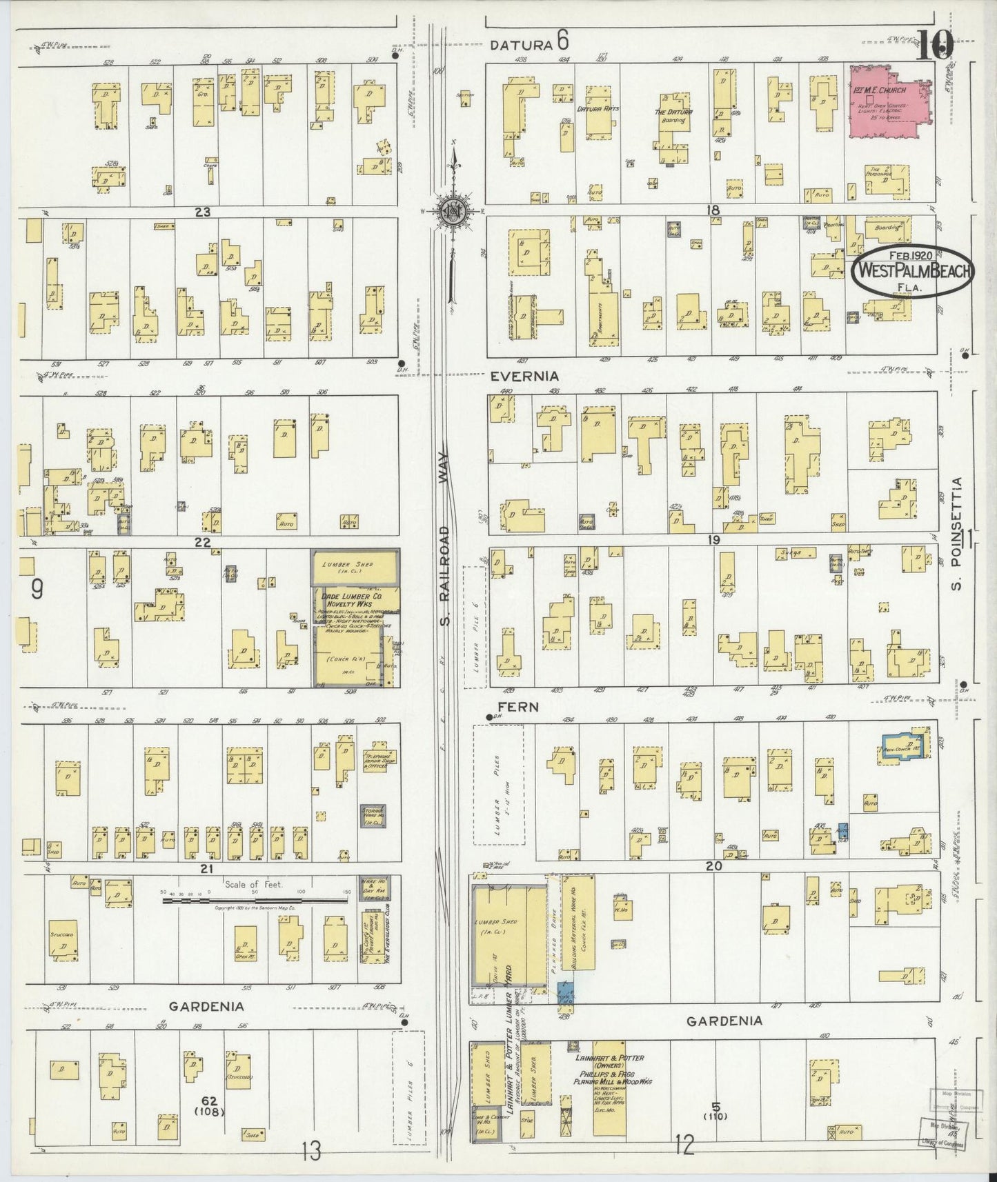 Sanborn Fire Insurance Map from West Palm Beach, Dade County, Florida (1920), Sheet #0010 - Historic Sanborn Fire Insurance Map Print, vintage old map wall art, antique decor, genealogy gift, Florida Florida map